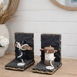 Vintage Nautical Bookends Wood Rope Anchor & Spool Coastal Decor Set